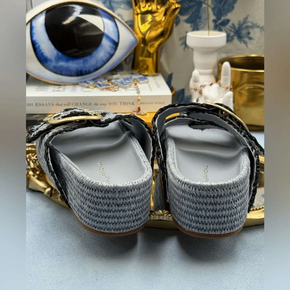 🆕 LOEFFLER RANDALL 🧿 NWOB Theo Embroidered Raffia Platform Sandal, Blue Sz 8